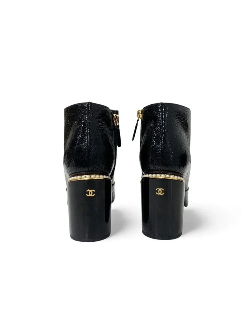 Chanel Short Boots Shoes Leather Fabric Black Gold CC Logo Pearl - Picture 5 of 10